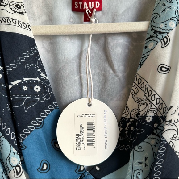 STAUD Milla Midi Dress Patchwork Bandana Capri w/ Short Puff Sleeves & Slit - Picture 11 of 11